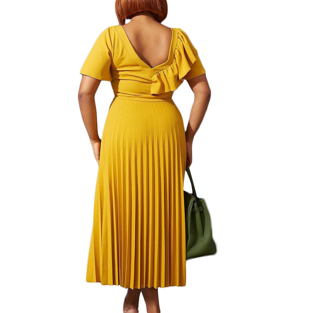 Women's Ruffled Sleeves Slant Shoulder Elegant Pleated Dress