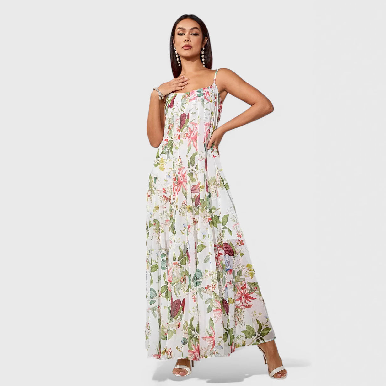 Strap Fresh Print Long Large Hem Dresses