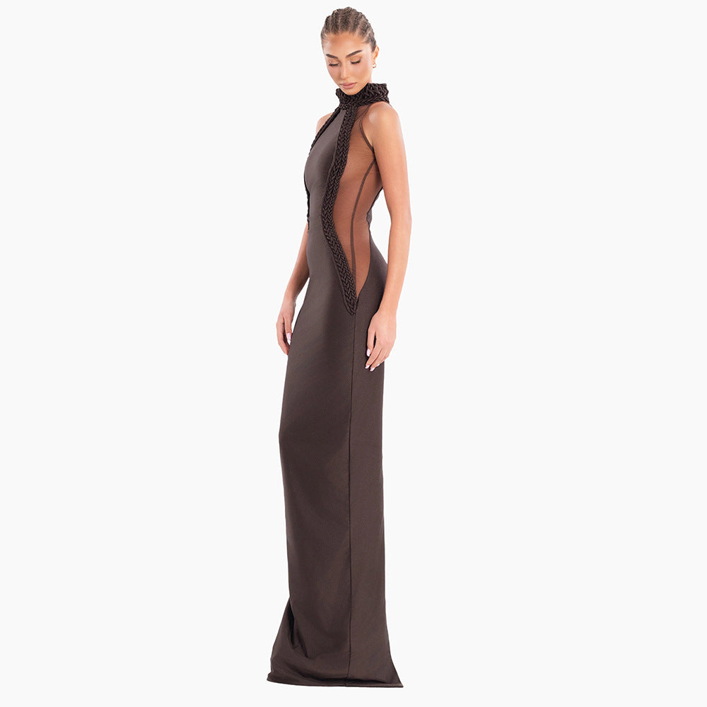 Halter Coffee Color Braid Rope Dress Dresses