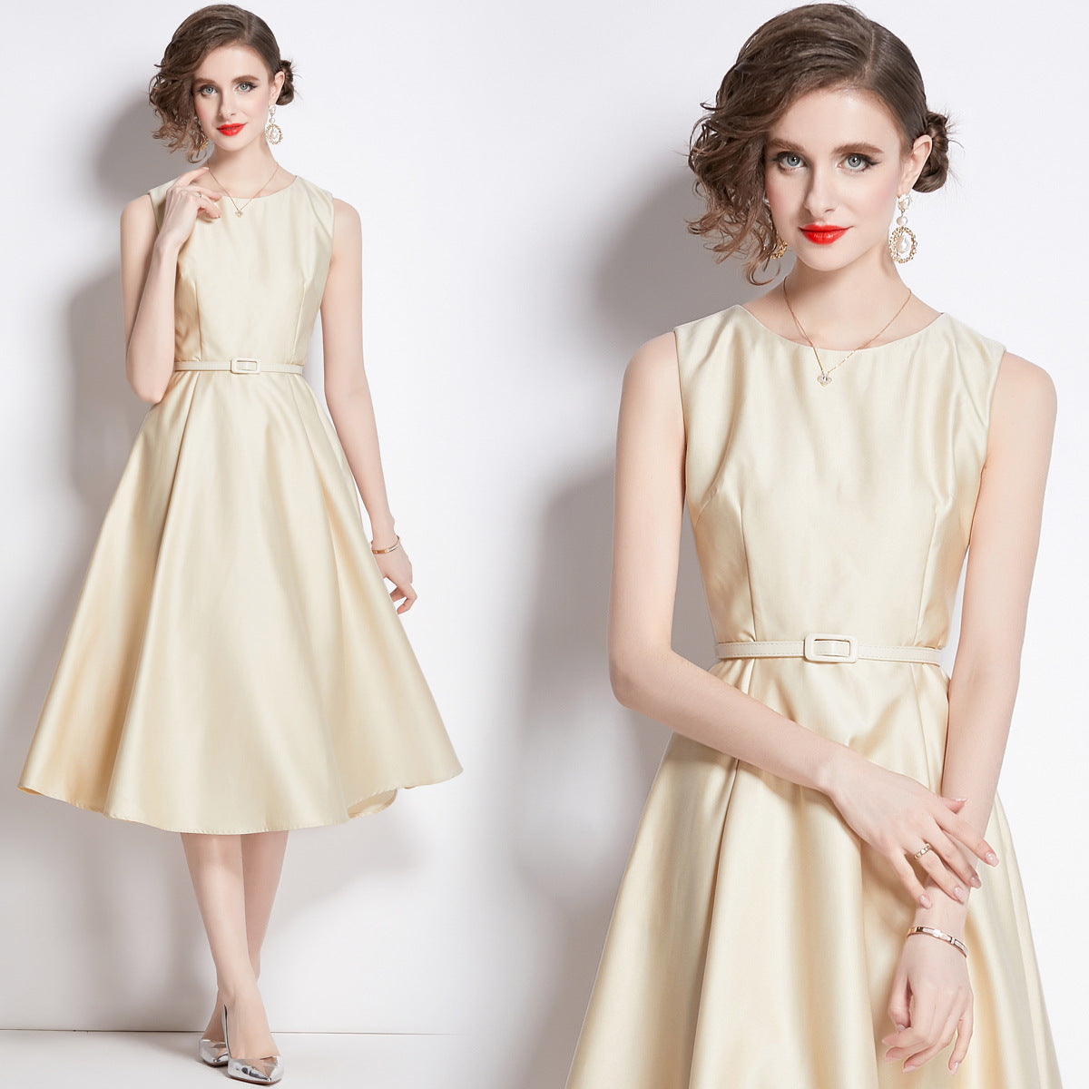 Sleeveless Round Neck Waist Trimming Slimming Mid-length Dresses