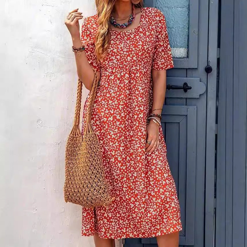 Floral Round Neck Pocket Sleeve Casual Mid-length Dress
