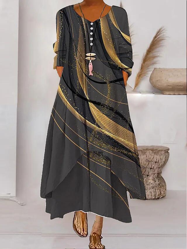 Women's Popular Printed Long-sleeved Hem Irregular Long Dress