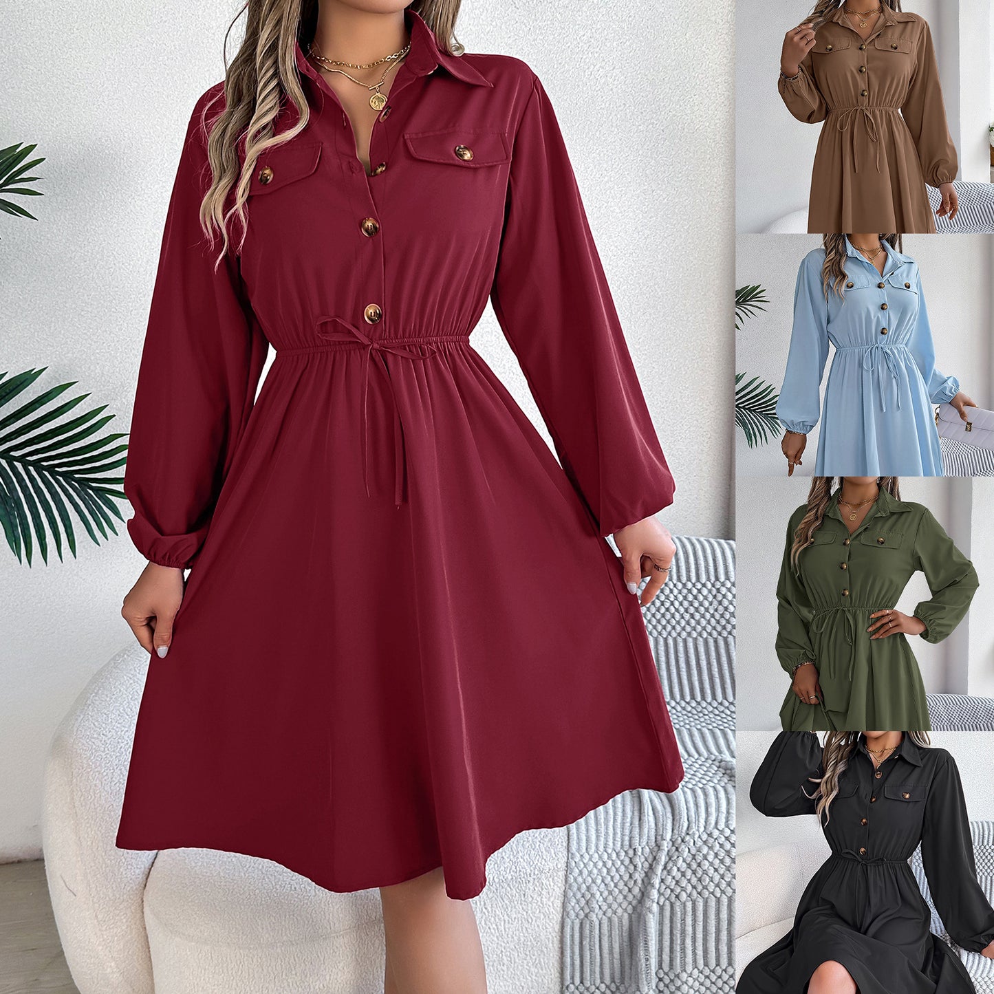 Women's Casual Button Long Sleeves Shirt Dress