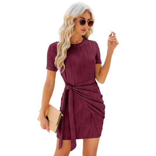 Color Round Neck Pleated Sleeve Knitted Dresses