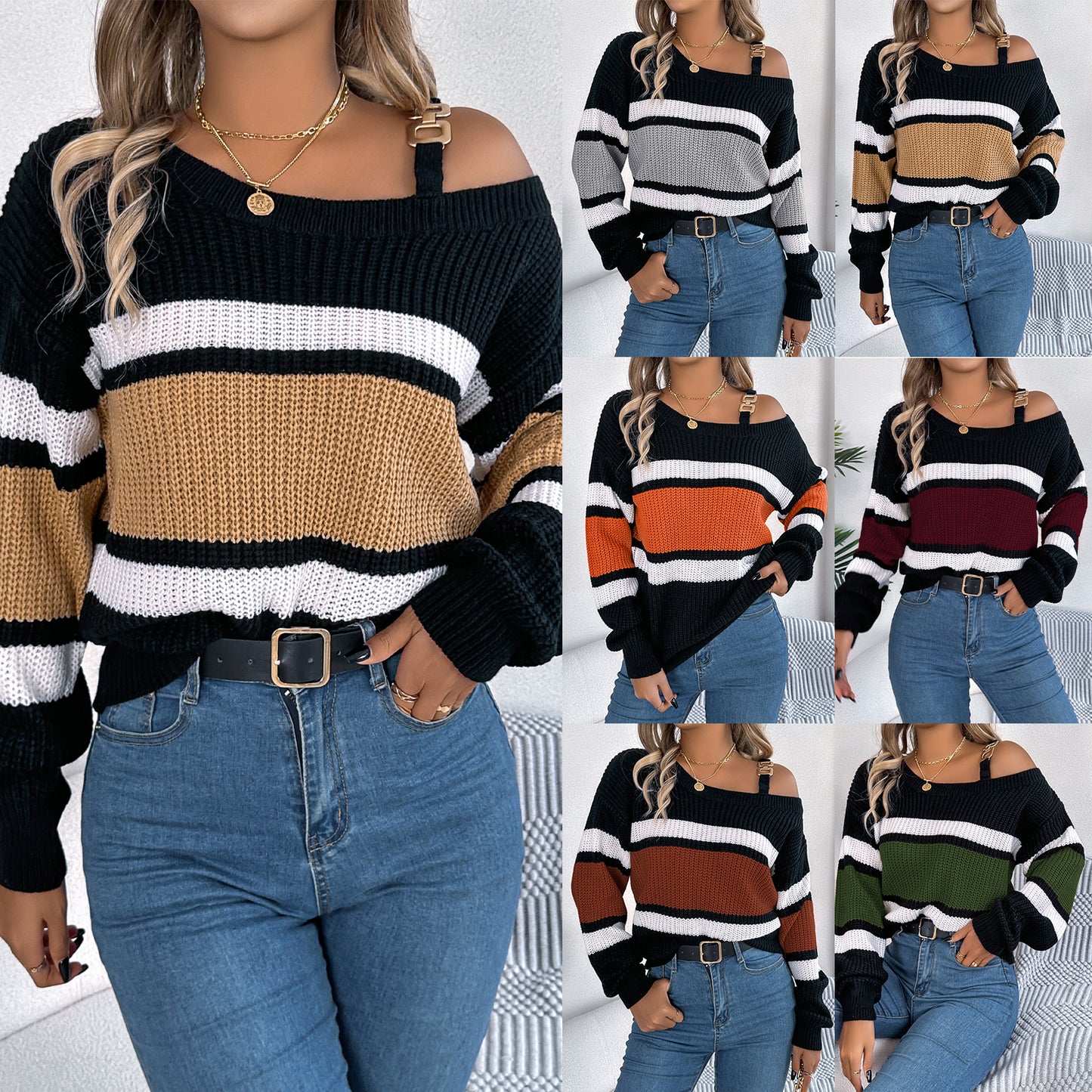 Women's Casual Contrast Color Striped Lantern Sleeve Metal Sweater