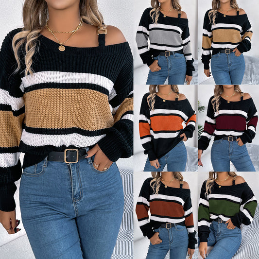 Women's Casual Contrast Color Striped Lantern Sleeve Metal Sweater