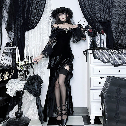 Women's Straps Lace Stitching Sexy Split Dark Goth Dresses