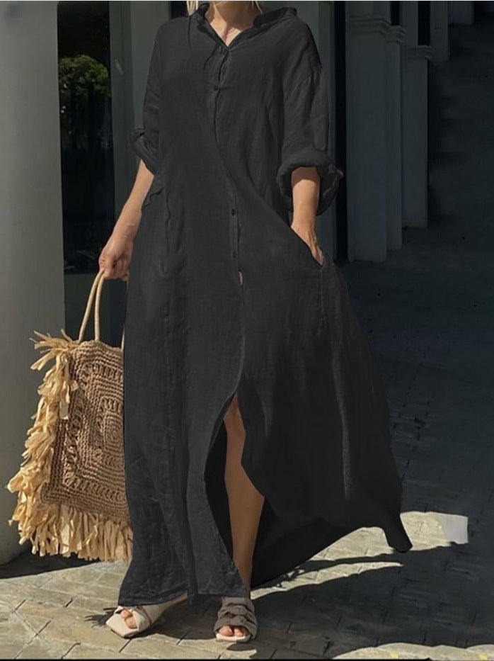 Casual Pocket Shirt Collar Long Dress Dresses