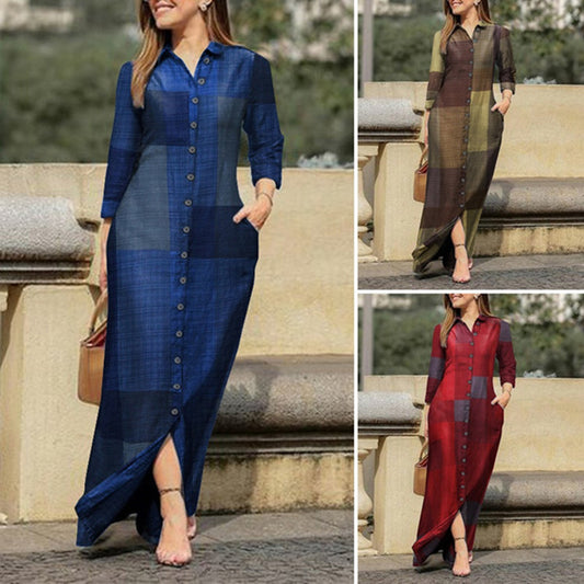 Women's Casual Polo Collar Robe Long Floral Dresses