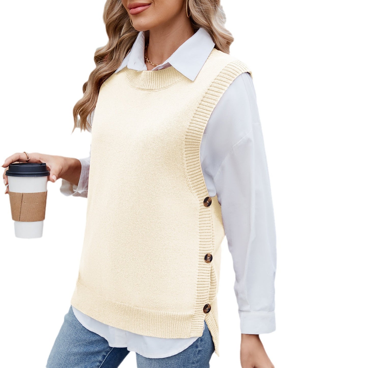Women's Solid Color Buttons Decorative Slit Knit Sweater
