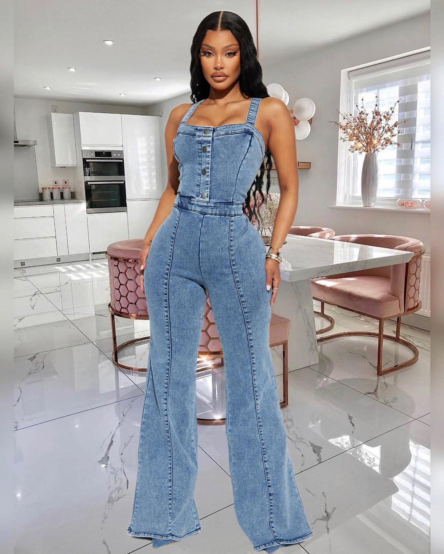 Women's Fashion Casual Button High Waist Sexy Horn Jumpsuits