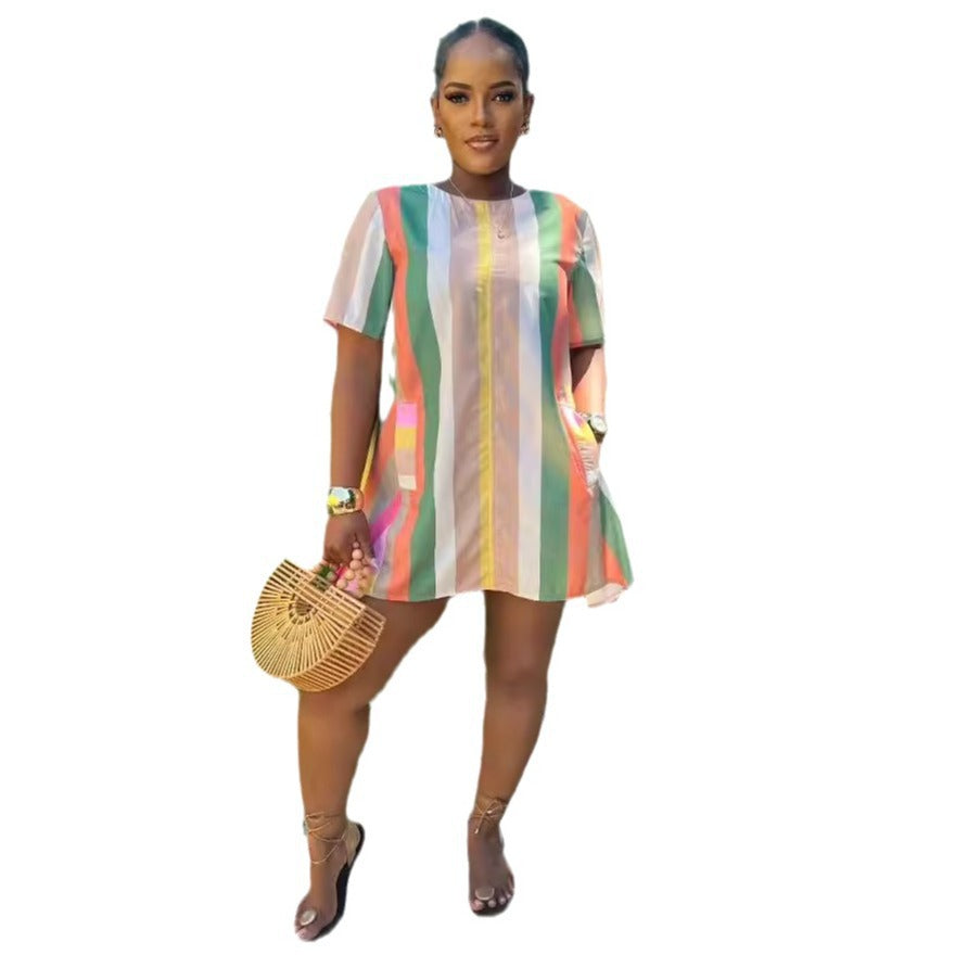 Color Stripes Stitching Pocket Sleeve Dress Dresses