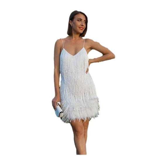 Multicolor Birthday Party Sexy Strap Feather Dresses