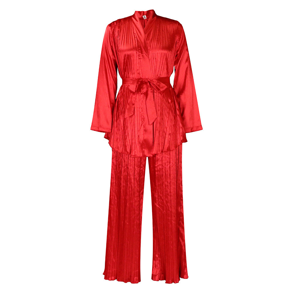 Women's Solid Color Pleated Loose Long Sleeve Tied Shirt Trousers Suits