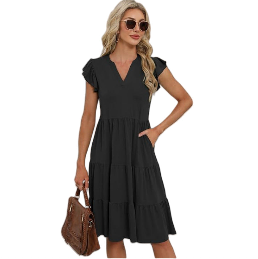 Women's Collar Ruffle Sleeve Mid-length Stitching Big Swing Dress