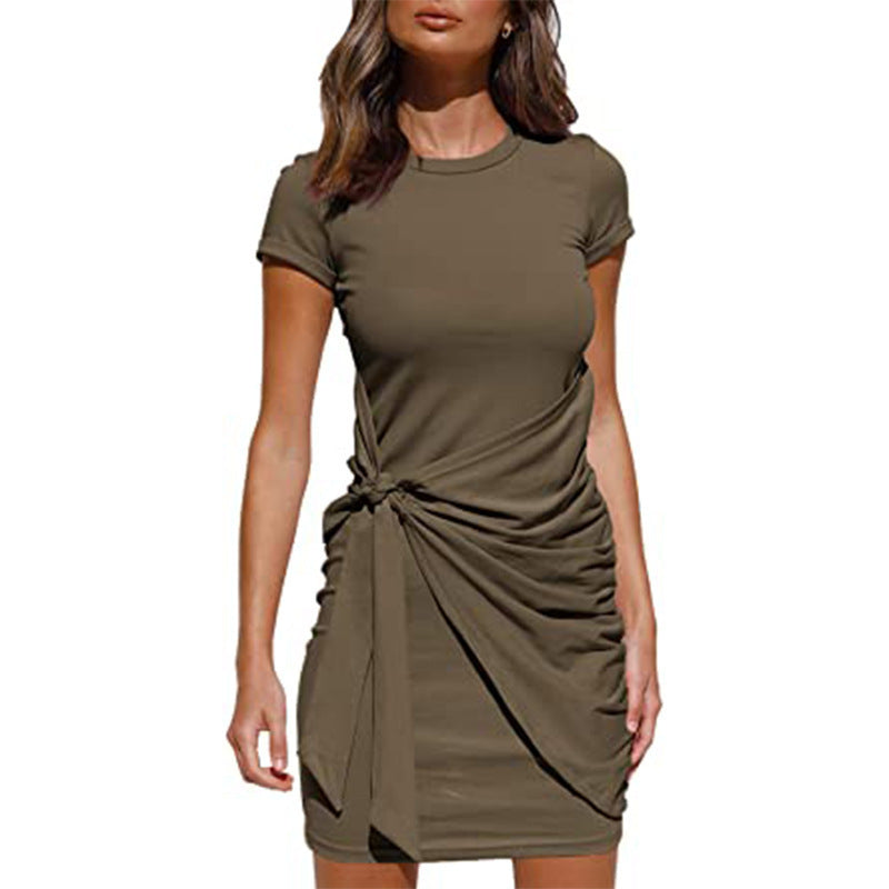 Sleeve Round Neck Pleated Bow Belt Dress