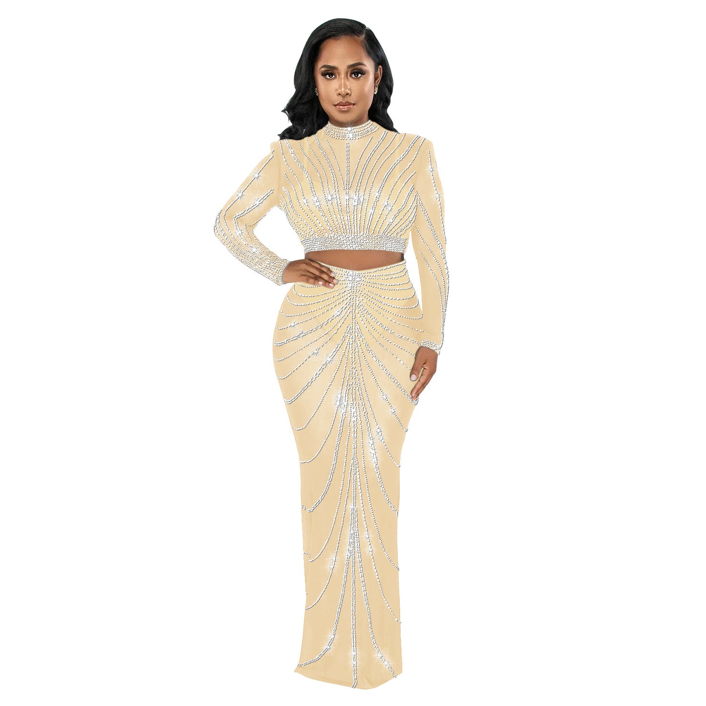 Women's Wear Mesh Hot Drilling Long Sleeve Suits