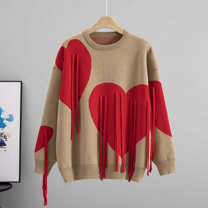 Women's Soft Round Neck Tassel Love Loose Lazy Sweater