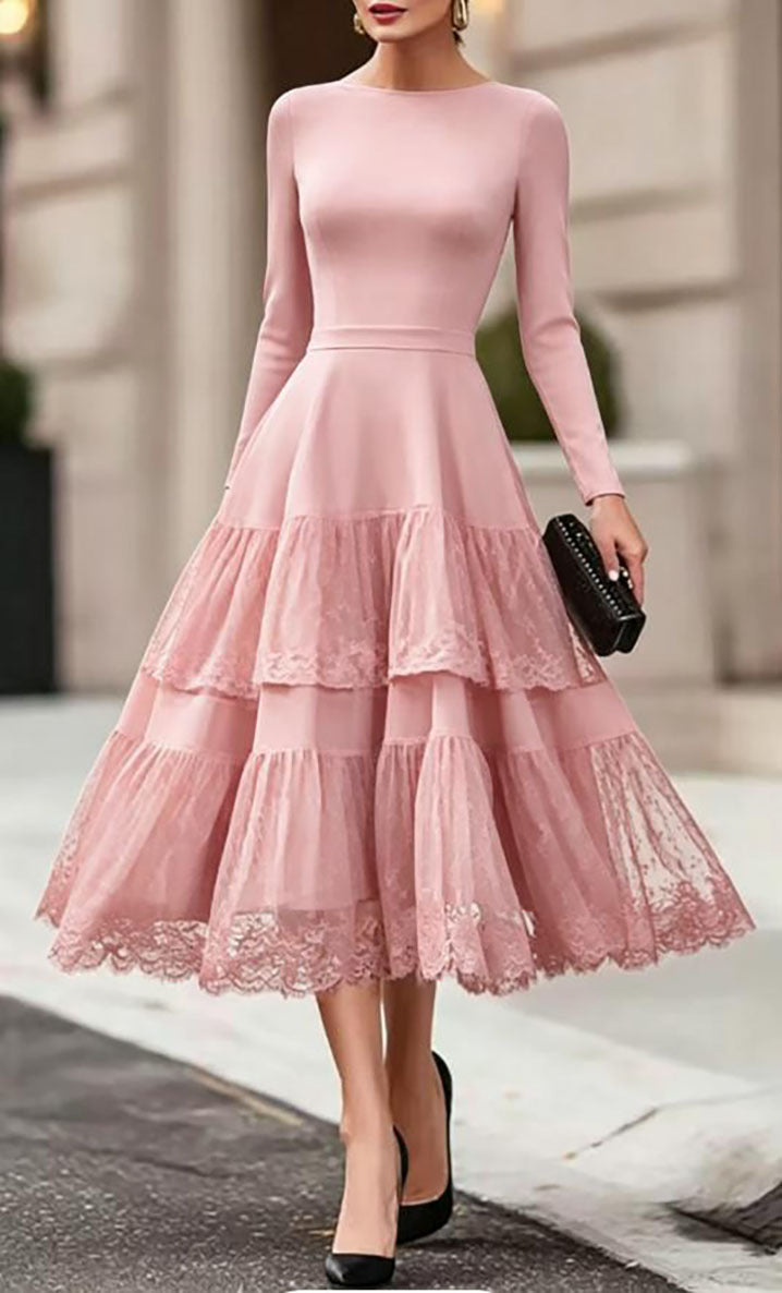 Women's French Style Elegant Hepburn Long Sleeve Mesh Stitching High-grade Dress
