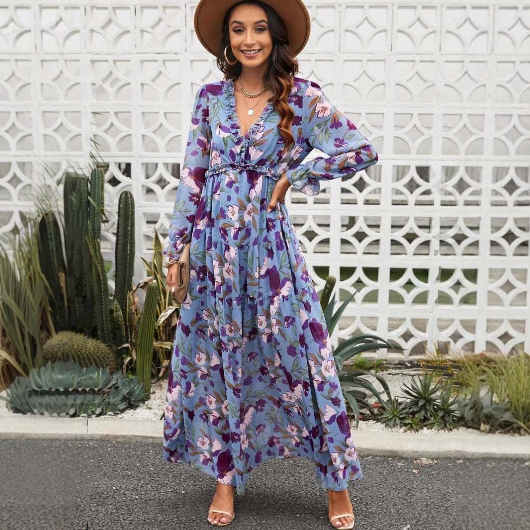 Women's Long Sleeve Fashion Print Fairy Elegant Dresses