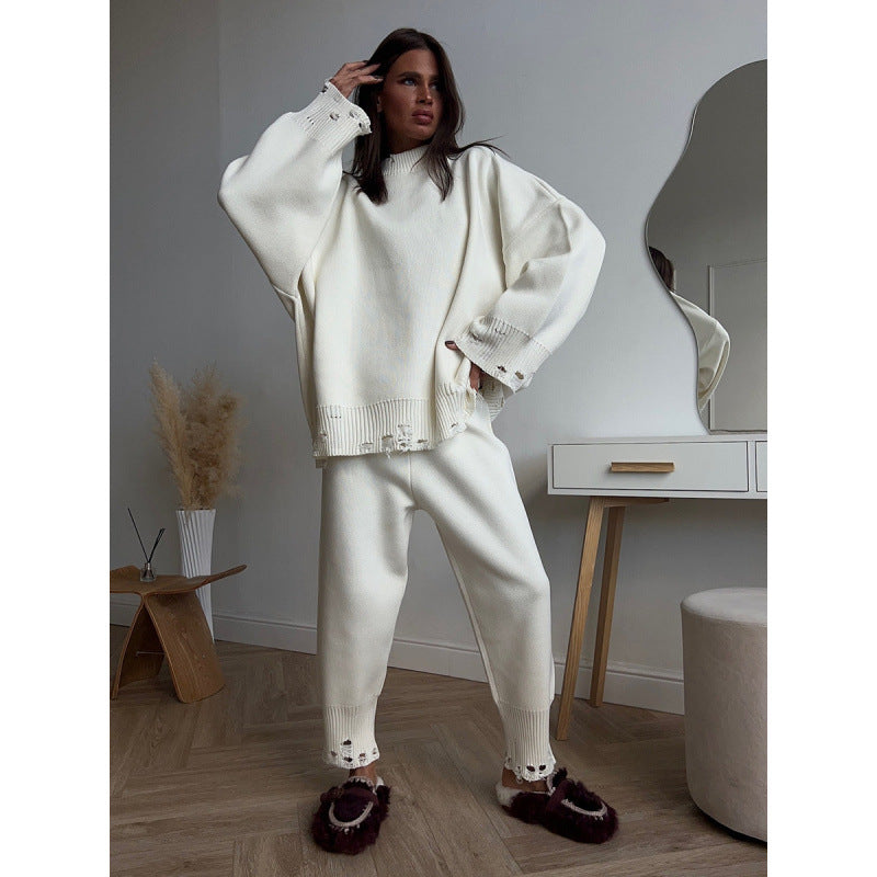 Ripped Female Style Knitted Ankle Tight Suits