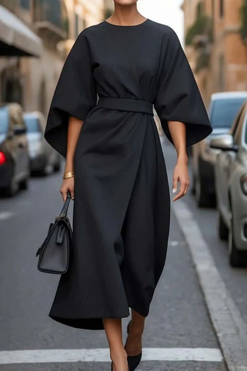 Women's Fashion Elegant Solid Color Waist Tight Casual Dolman Sleeve Dress