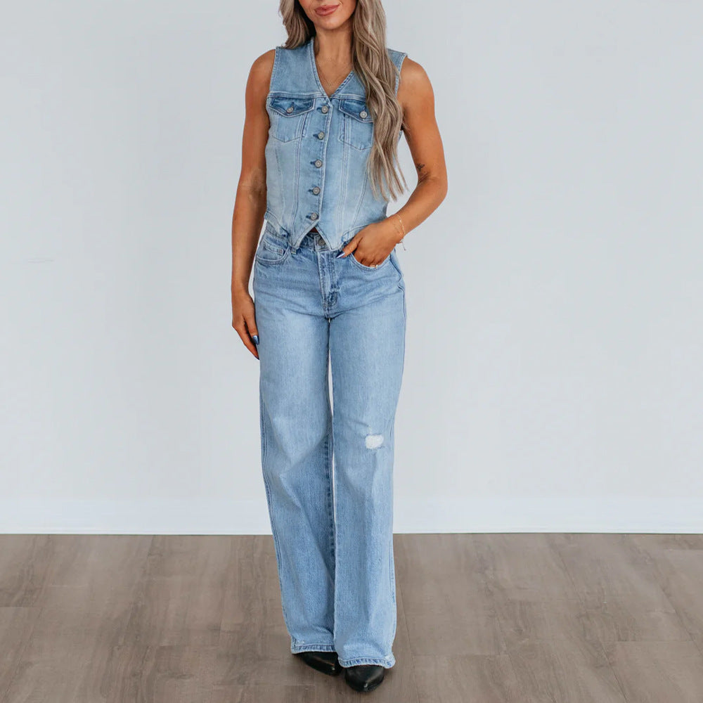 Women's Sleeveless Single-breasted Denim Wash Waistcoat Vests