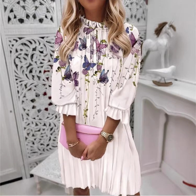 Classy Women's Printed Pleated Sleeve Pullover Dress