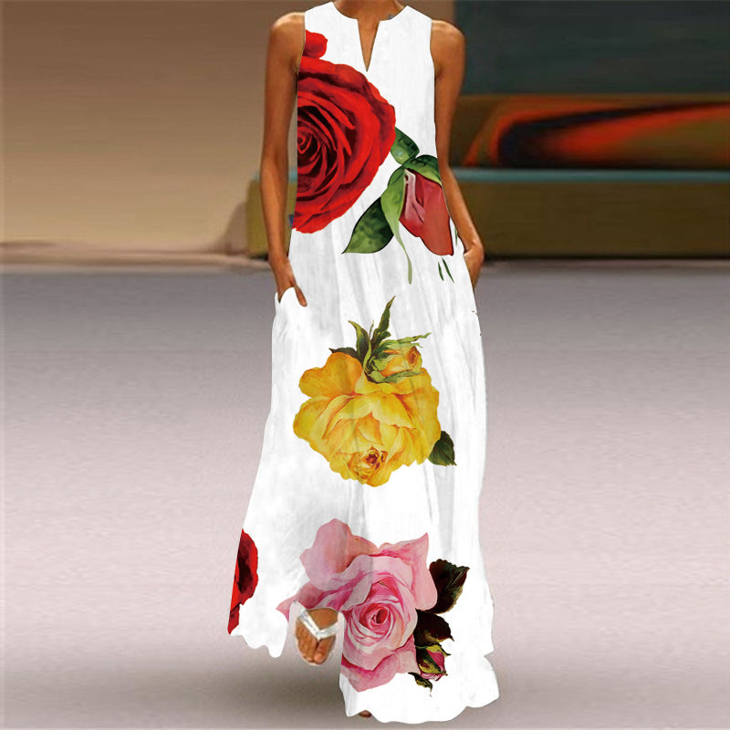 Women's Fashion Printed Sexy Pocket Maxi Dress Dresses