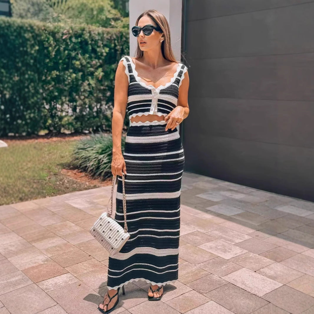 Women's Fashion Striped Knitted High Waist Contrast Suits