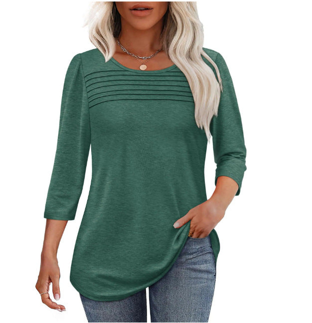 Solid Color Round Neck Long-sleeved Striped Blouses