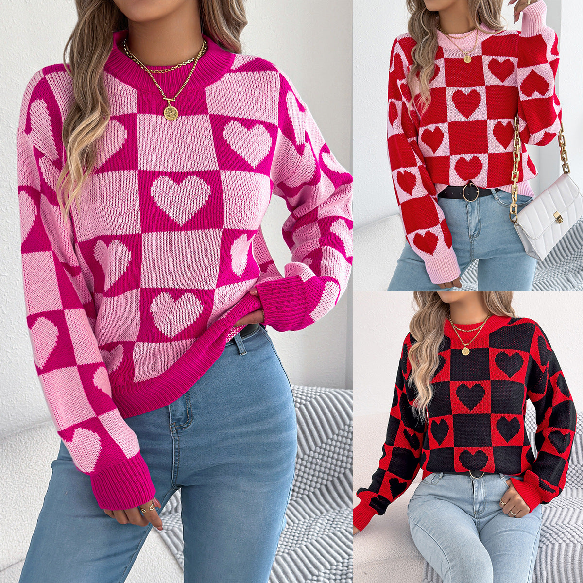 Women's Check Love Lantern Sleeve Pullover Valentine's Sweater