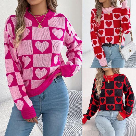 Women's Check Love Lantern Sleeve Pullover Valentine's Sweater