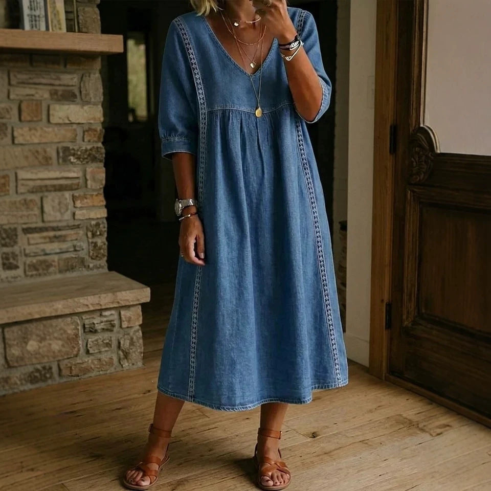 Casual Loose Stitching Lace Cotton Linen Dress