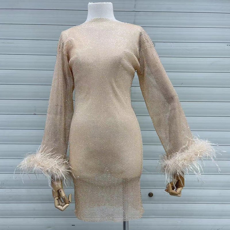 Fashion Luxury Hollow Mesh Ostrich Feather Slimming Bottoming Dress