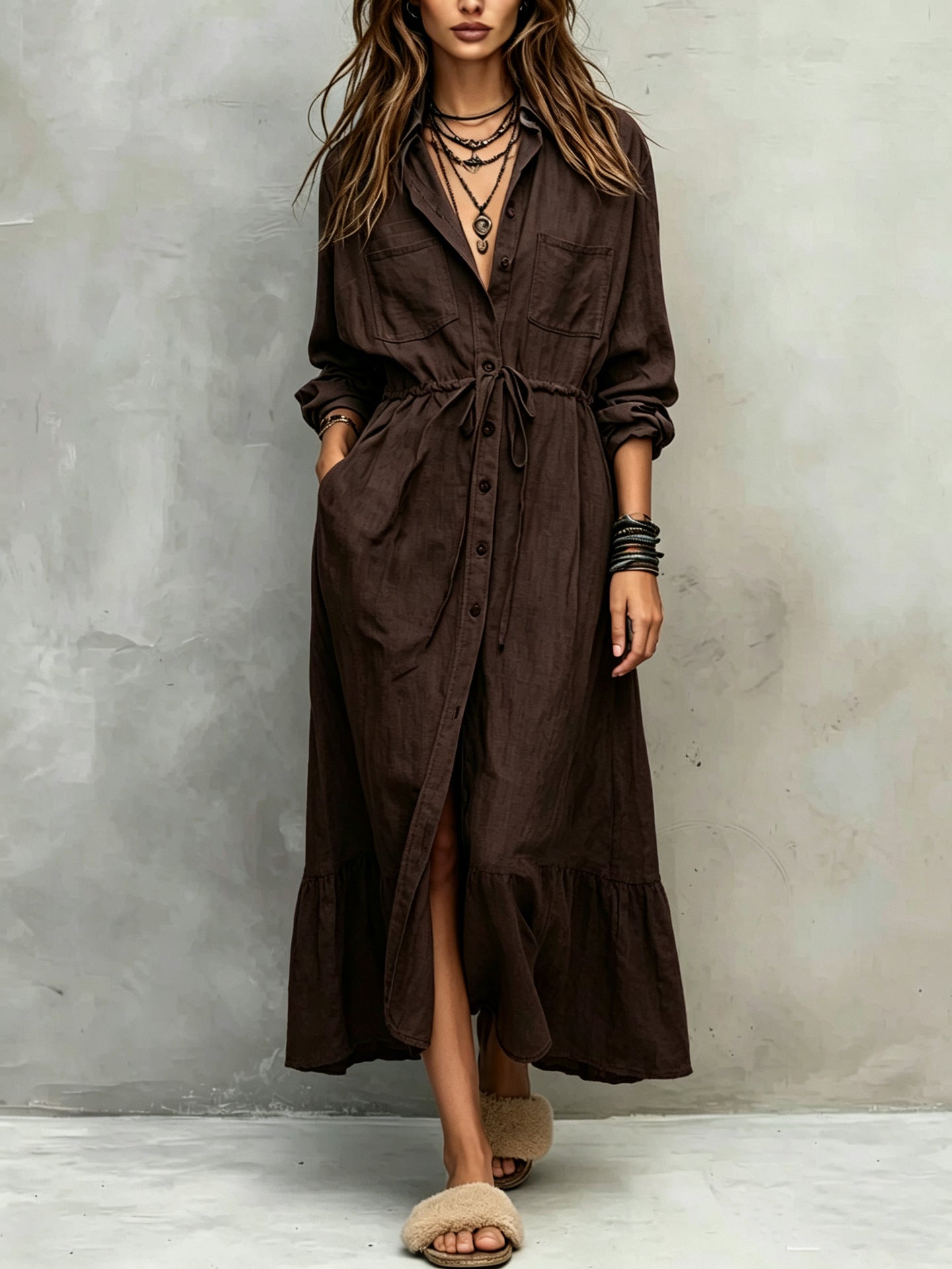 Casual Drawstring Fitted Waist Shirt Loose Dress