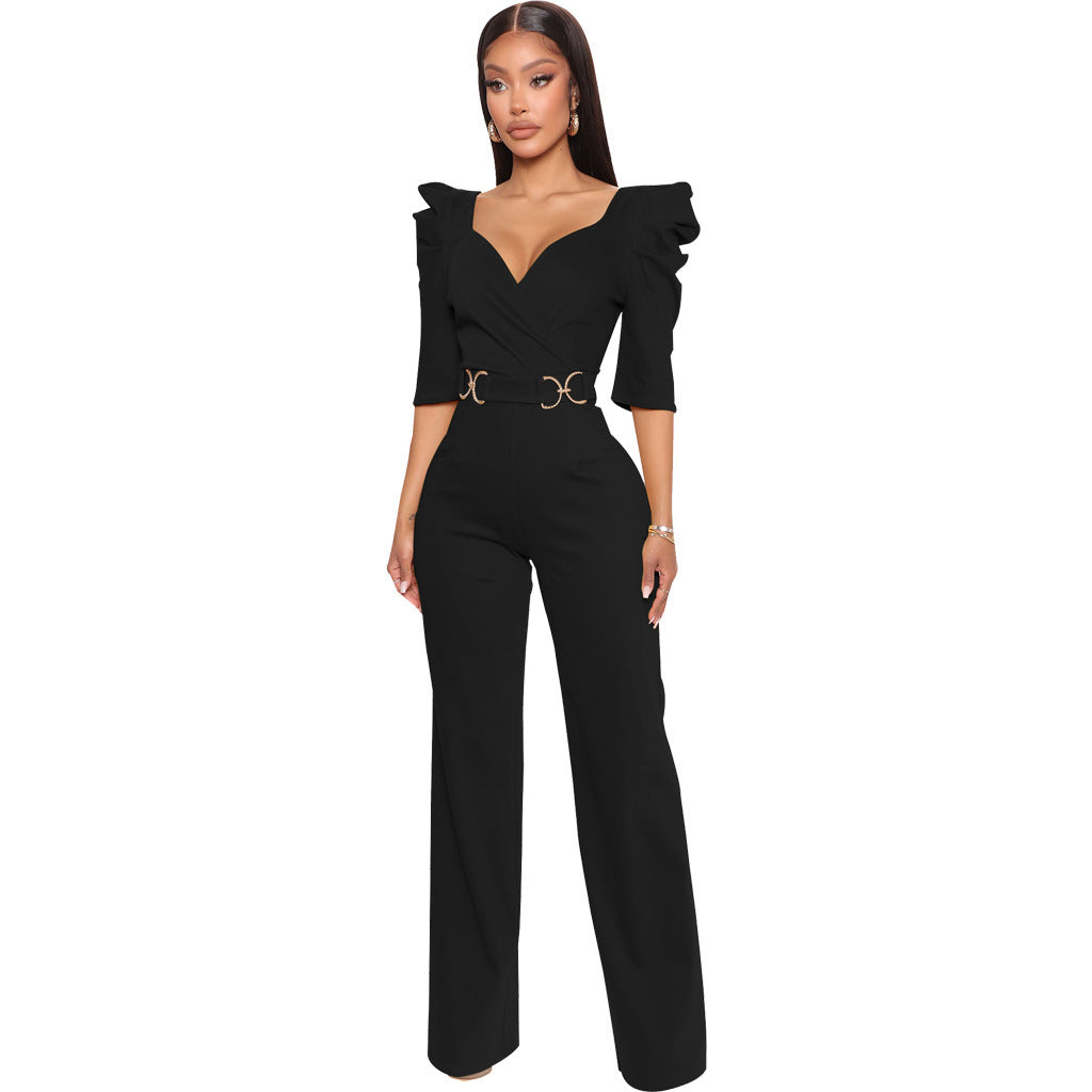 Women's Fashion Solid Color Three-quarter Length Sleeve Sexy Waist Jumpsuits