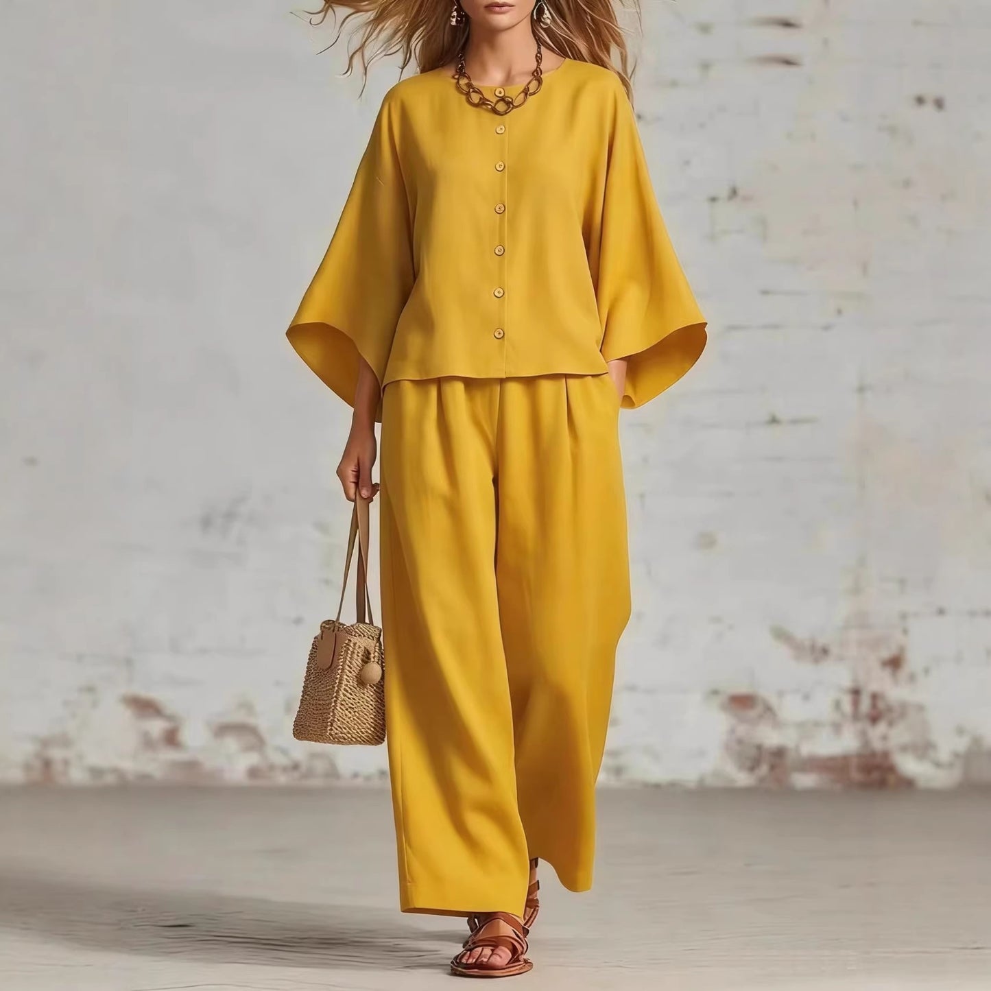Popular Women's Cotton Linen Wide Leg Fashion Casual Suit