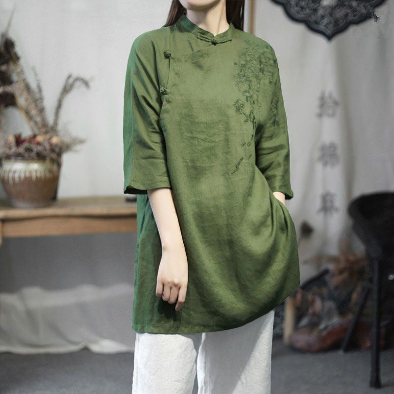 Women's Cotton Linen Tang Embroidered Tea Chinese Button Knots Blouses