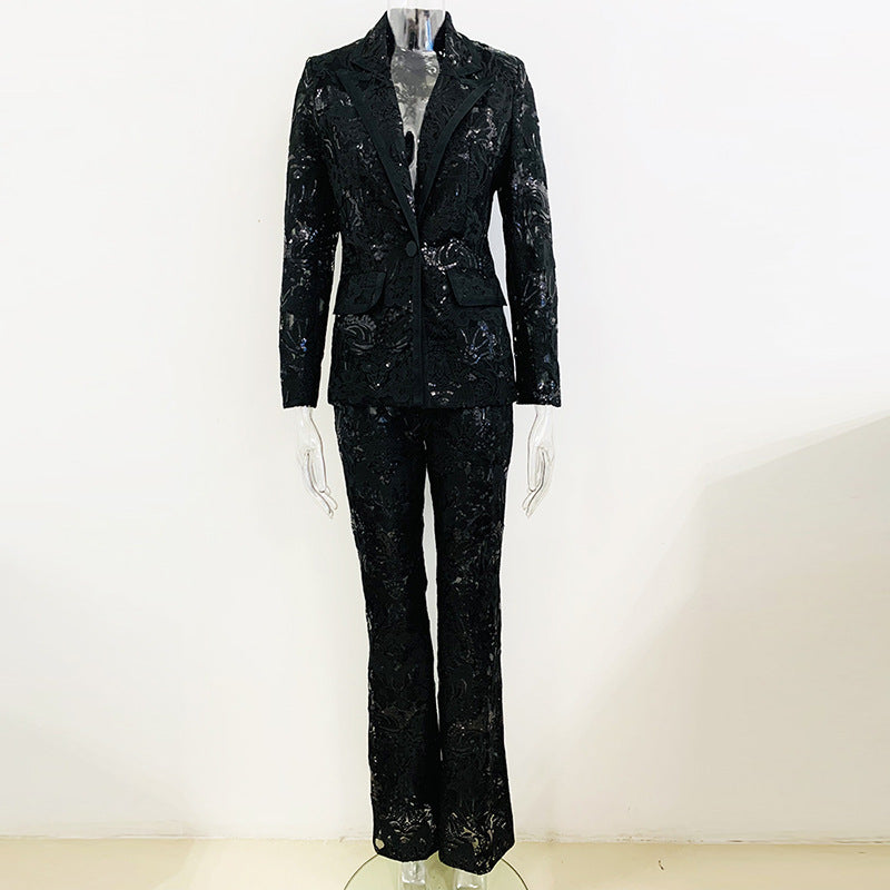 Mesh Embroidered Sequined Trousers Two-piece Set Fashion Casual Suit