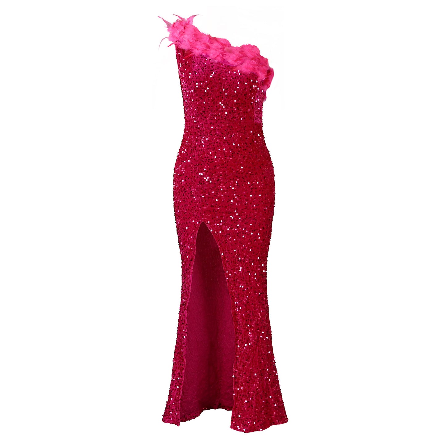 Women's Summer Sexy Fashion Feather Diagonal Collar Banquet Sequined Dress