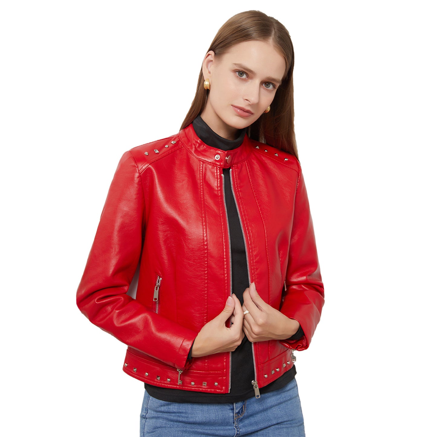 Women's Fashion Leather With Stand Collar Solid Jackets