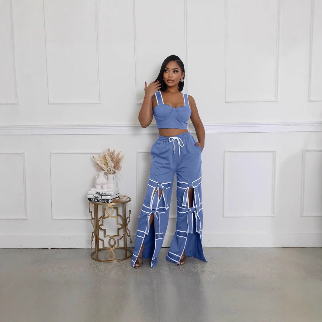 Fashion Solid Color Stitching Straps Casual Pants