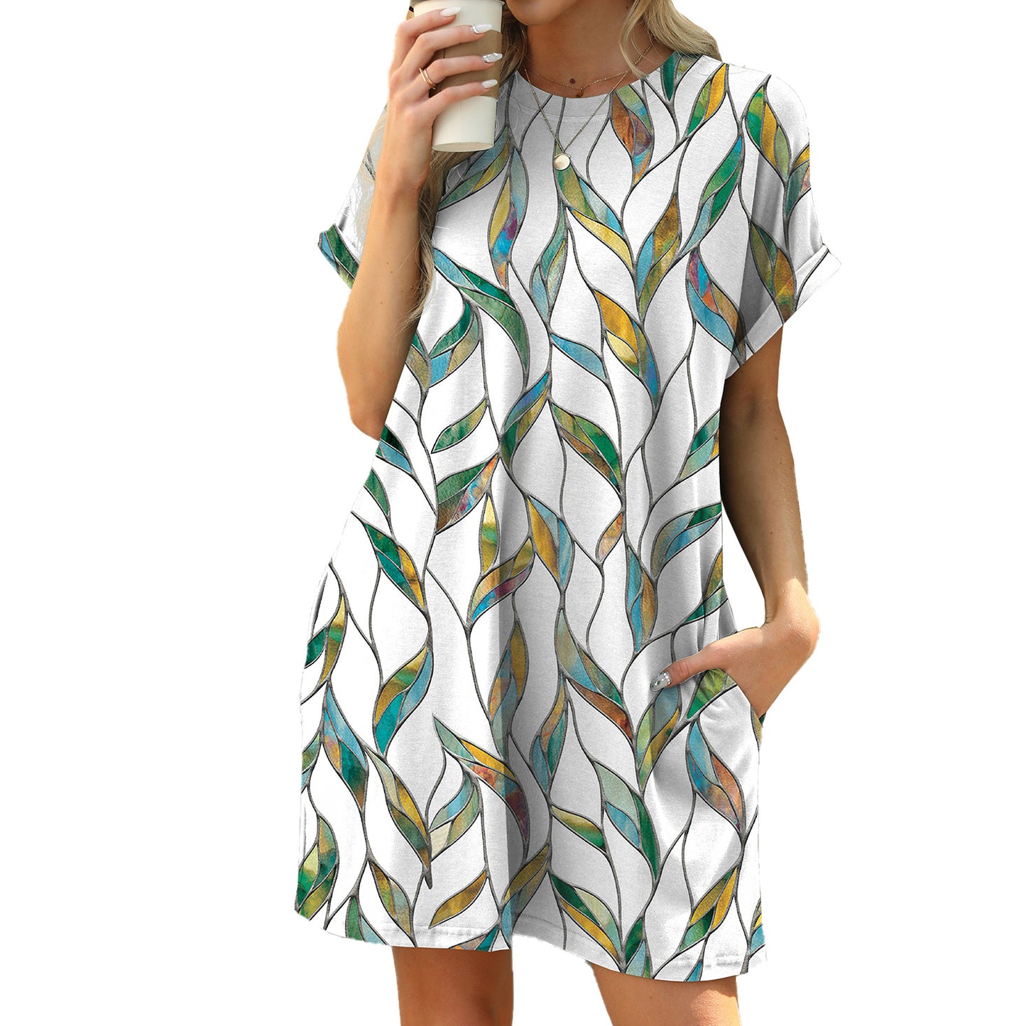 Loose Round Neck Sleeve Printed Pocket Dress