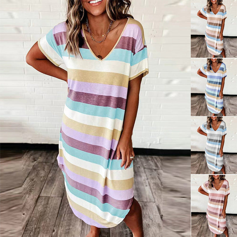 Women's Summer Loose Striped Printed Sleeve Long Dress