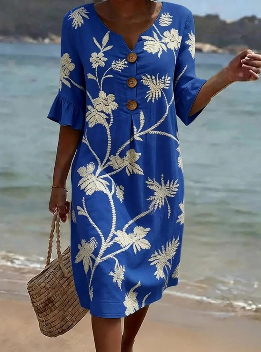 Women's Fashion Wear Buttons Floral Print Casual Cotton Dress