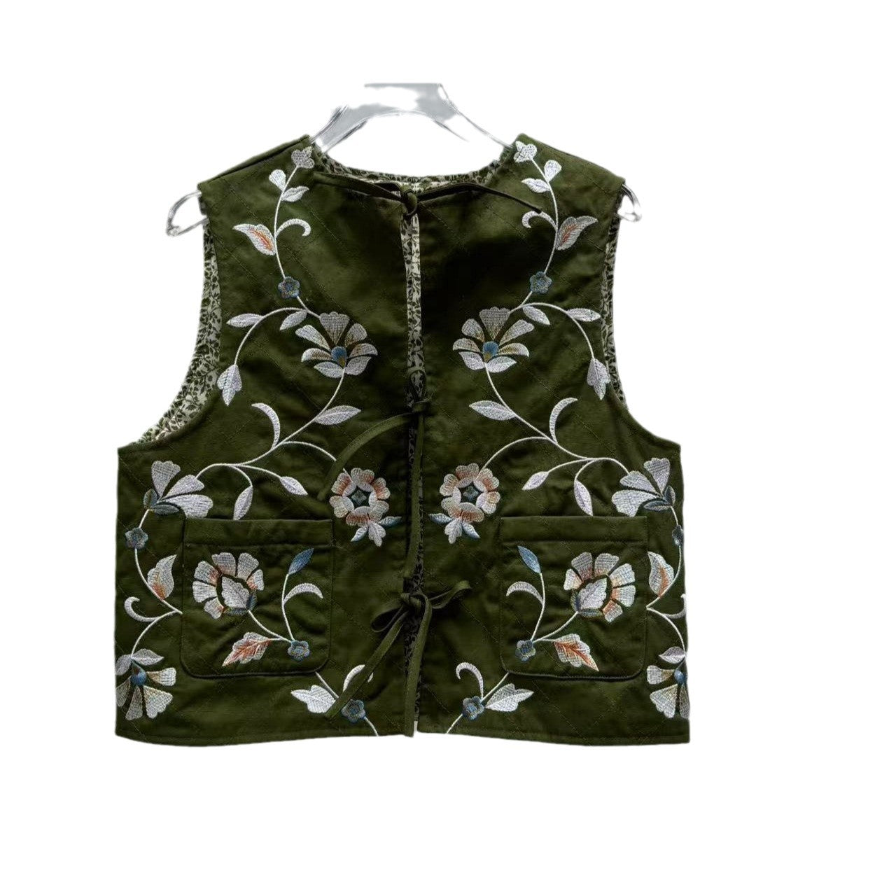 Embroidery Vintage Floral Embroidered Double Pocket Quilted Vests