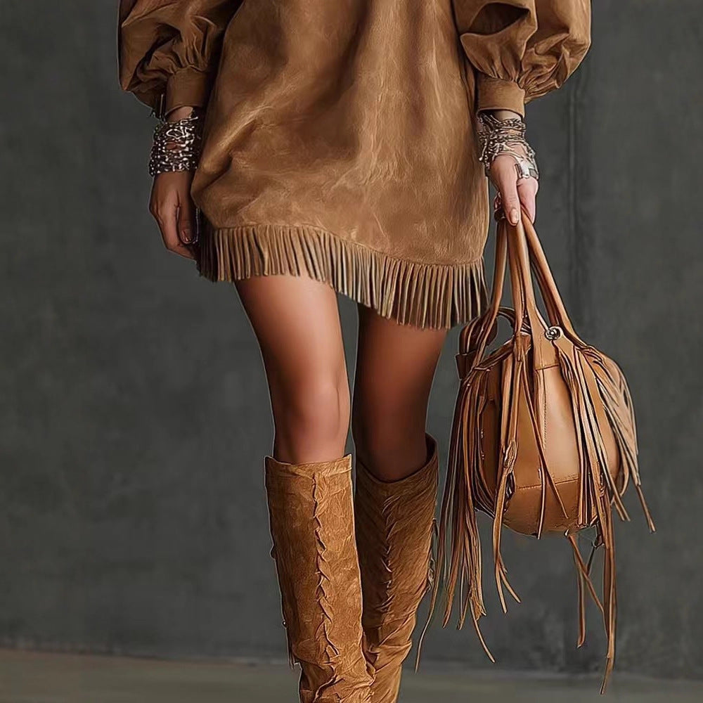 Round Neck Tassel Loose Lantern Sleeve Dresses