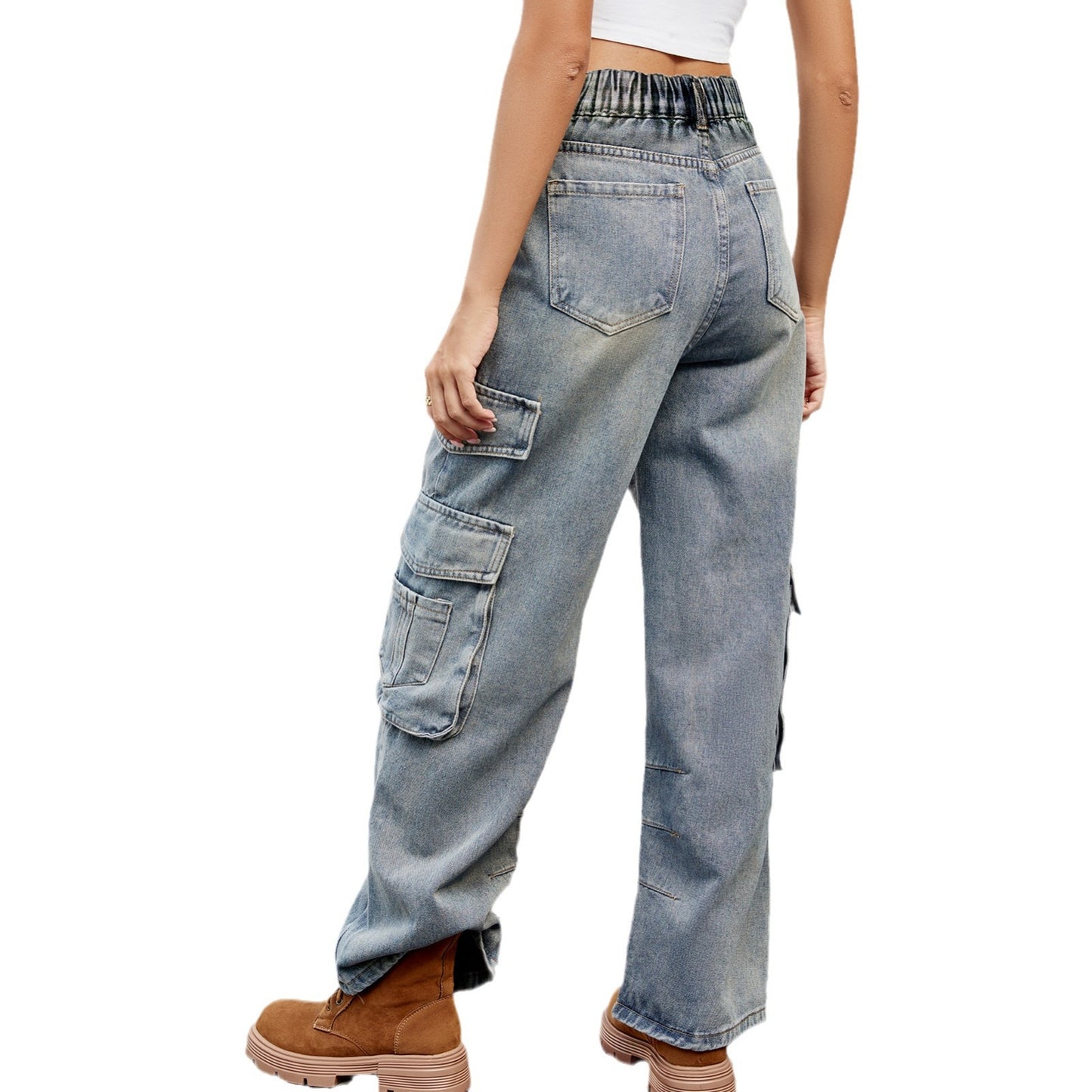 Women's Washed Half Elastic Loose Denim Overalls Jeans