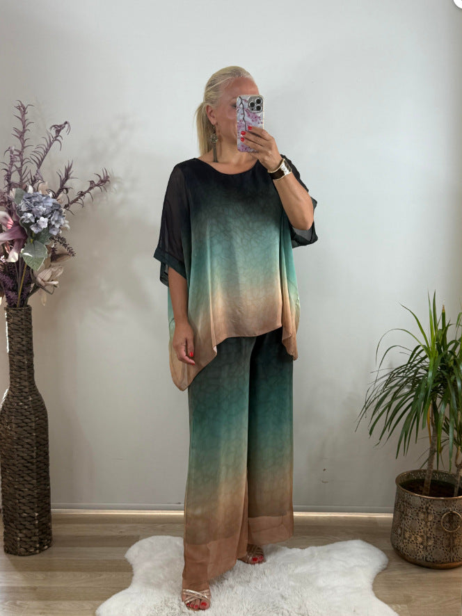 Print Round Neck Loose Wide Leg Suits